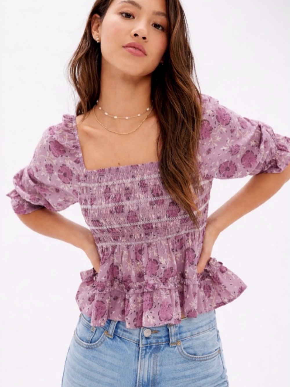 American Eagle Outfitters Lavender Floral Smocked Square-Neck Top